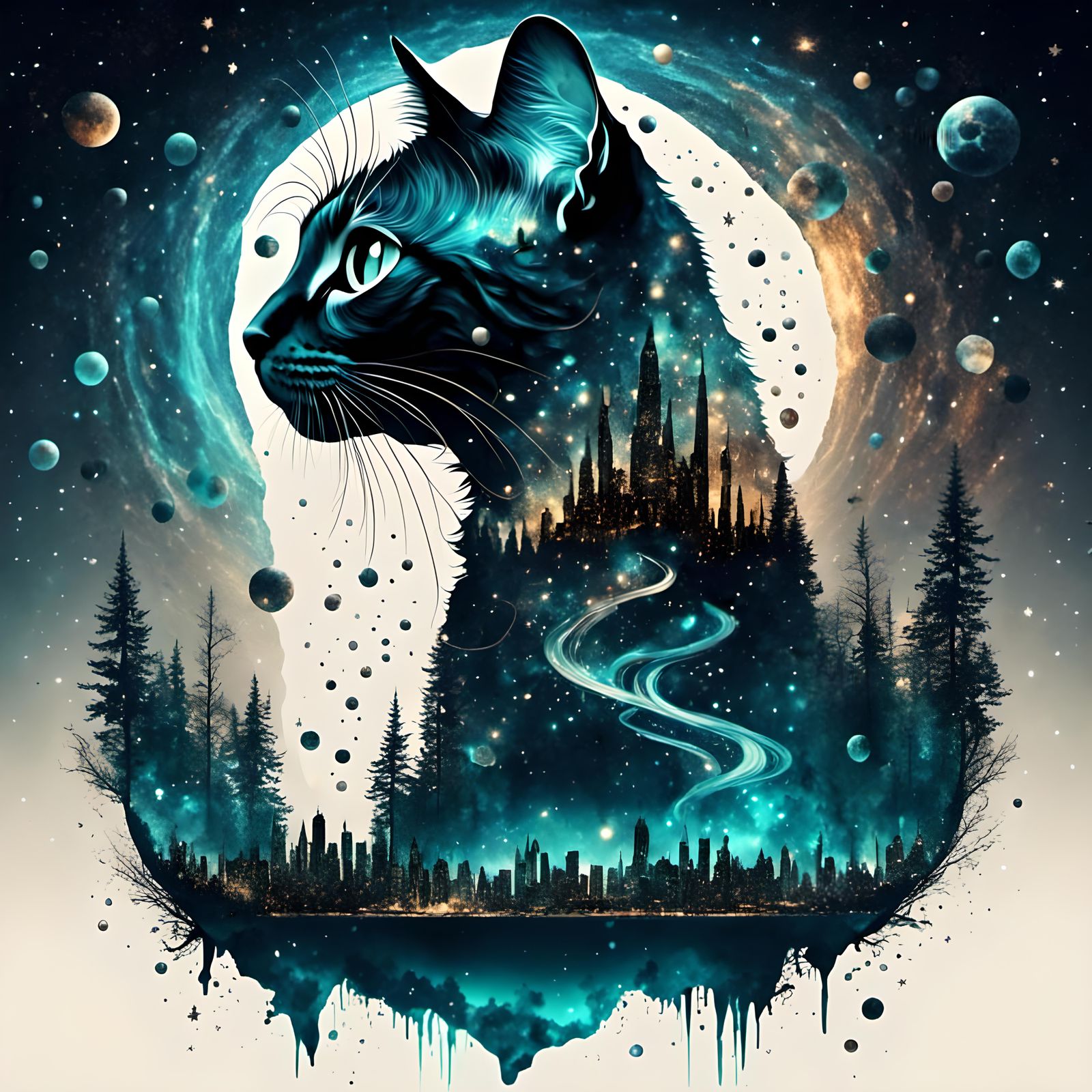 Double Exposure: Galaxy Meets Cityscape with Cat Silhouette