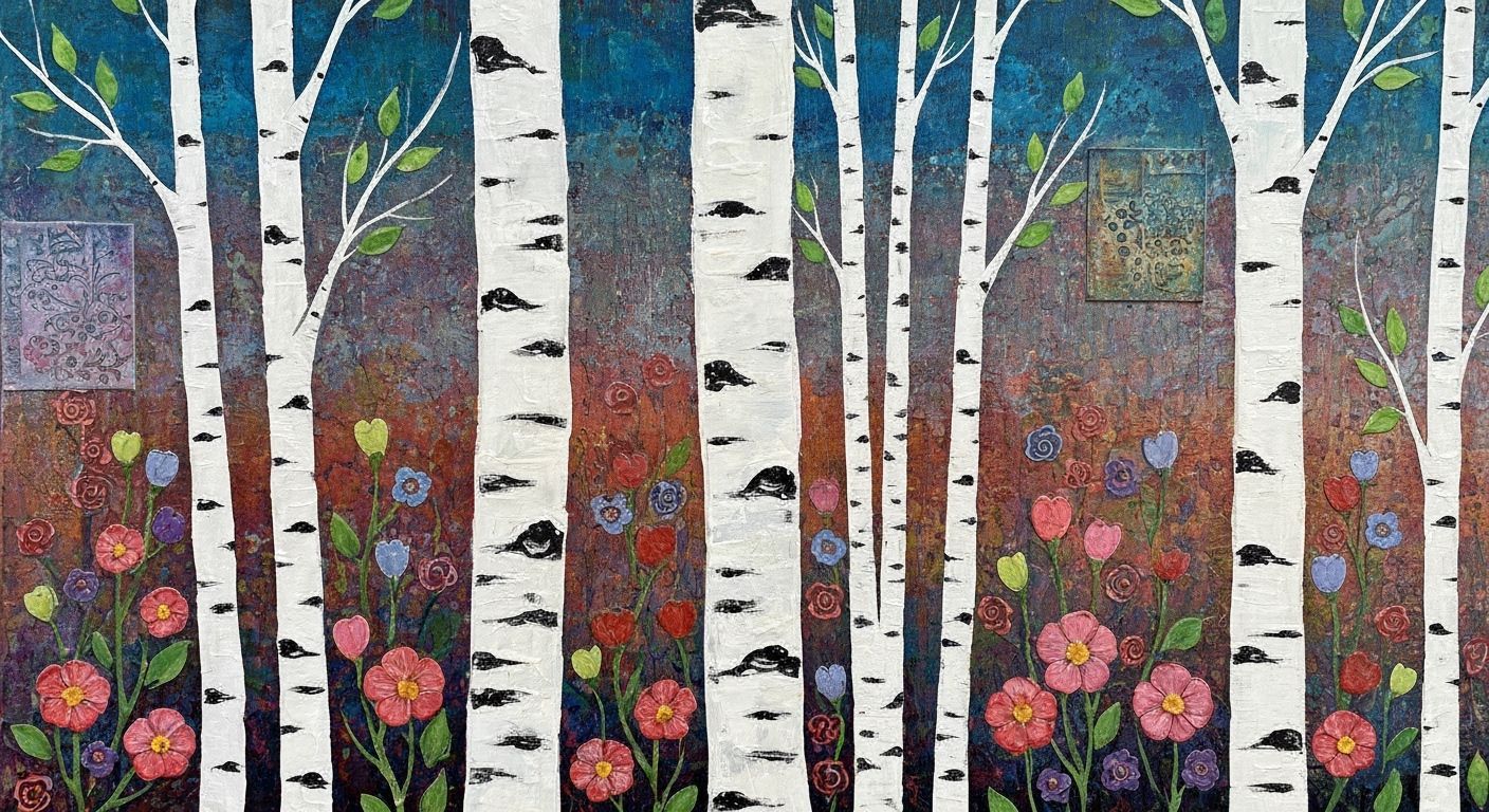 Vibrant Mixed Media Painting of Birch Trees and Flowers