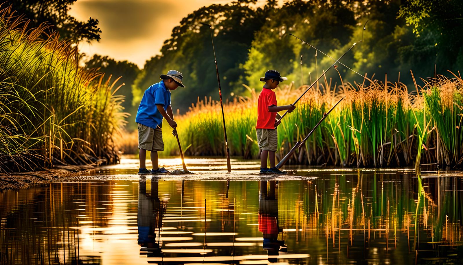 Boy and Father Fishing: Hyperrealistic Creek Scene