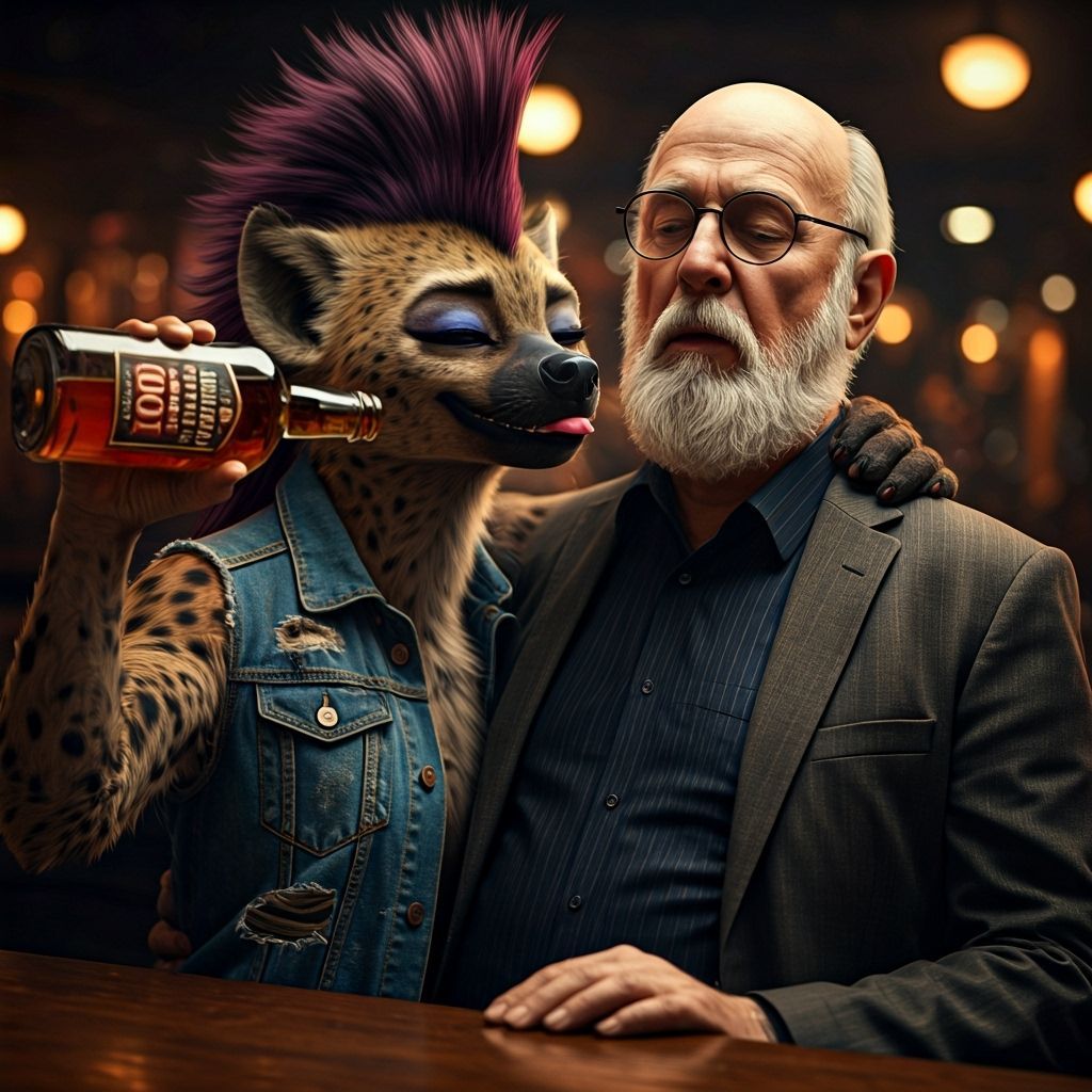 Elderly Man and Hyena Enjoying Drinks in Dive Bar