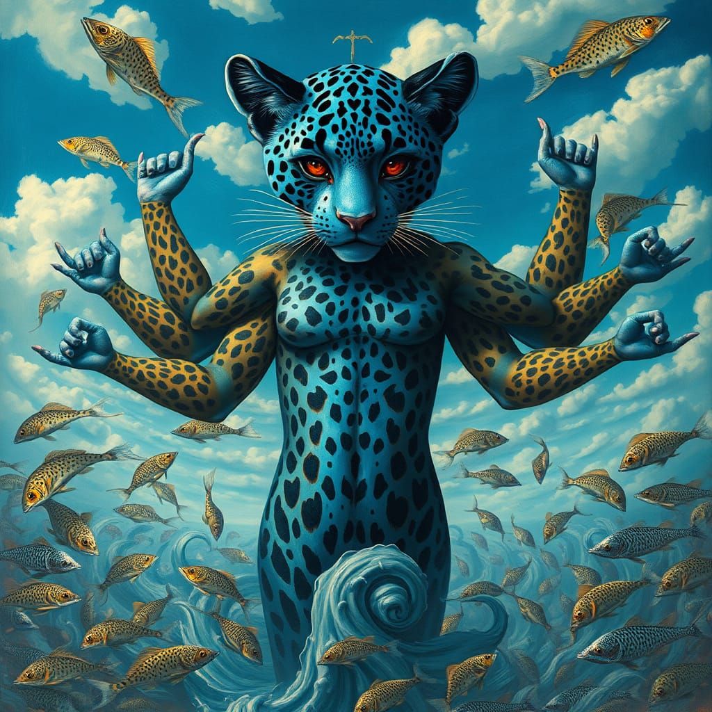 Surreal Six-Armed Leopard Woman with Jaguar Mice