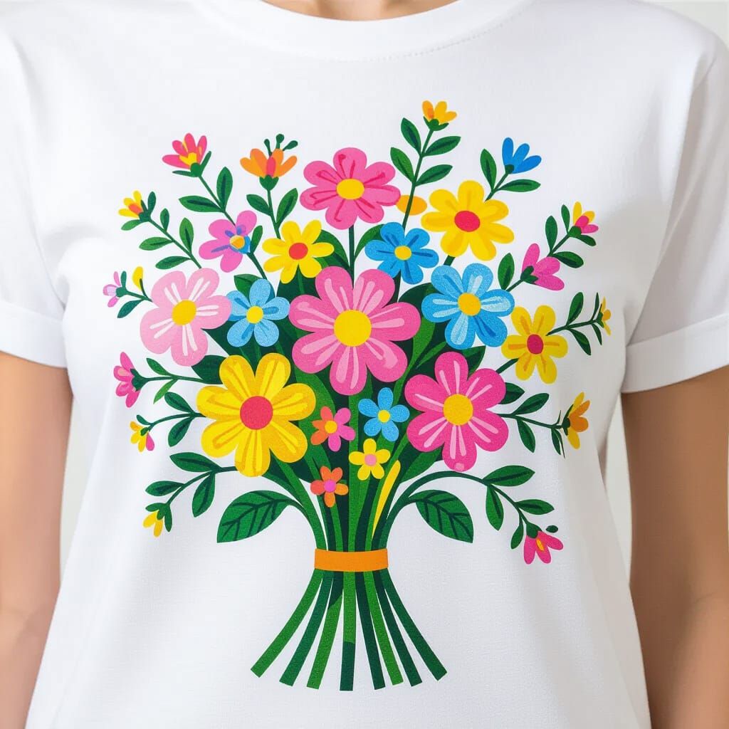 Woman's T-Shirt with Colourful Posy Print in Pop Style