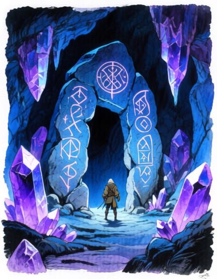 Mystical Portal in Crystal Cave as Ink and Watercolor Art