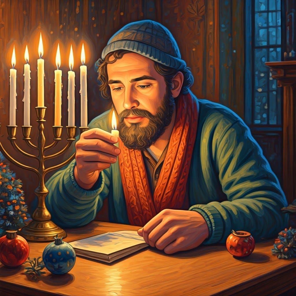 Hanukkah Candle Lighting in Impressionist Style