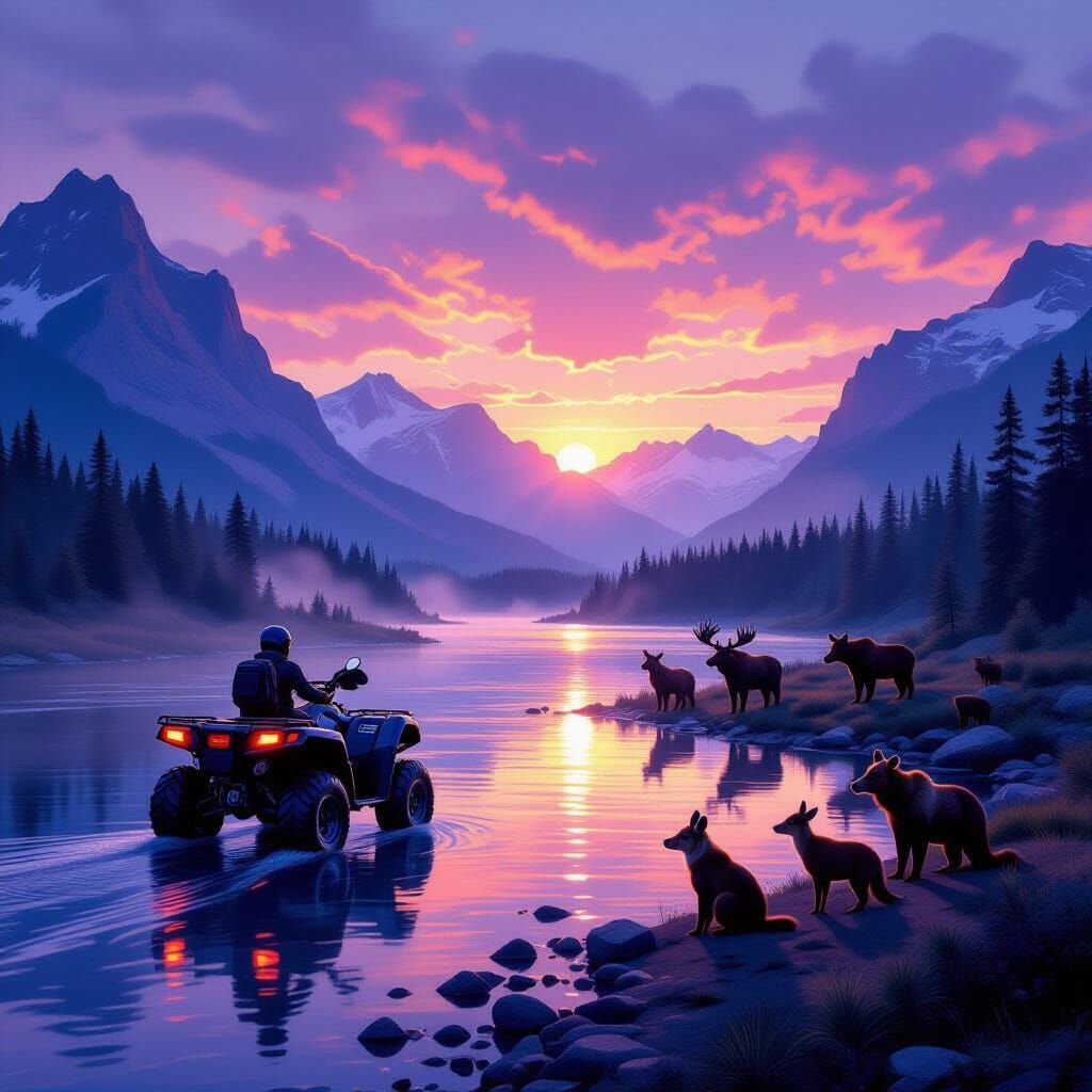 ATV Crossing Misty River at Sunset with Wildlife