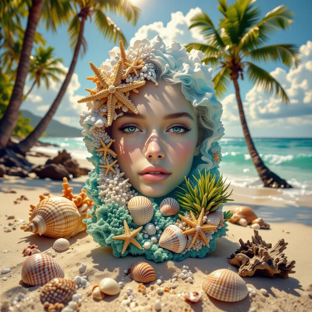 Hyperrealistic Beach Scene with Palm Trees and Seashells