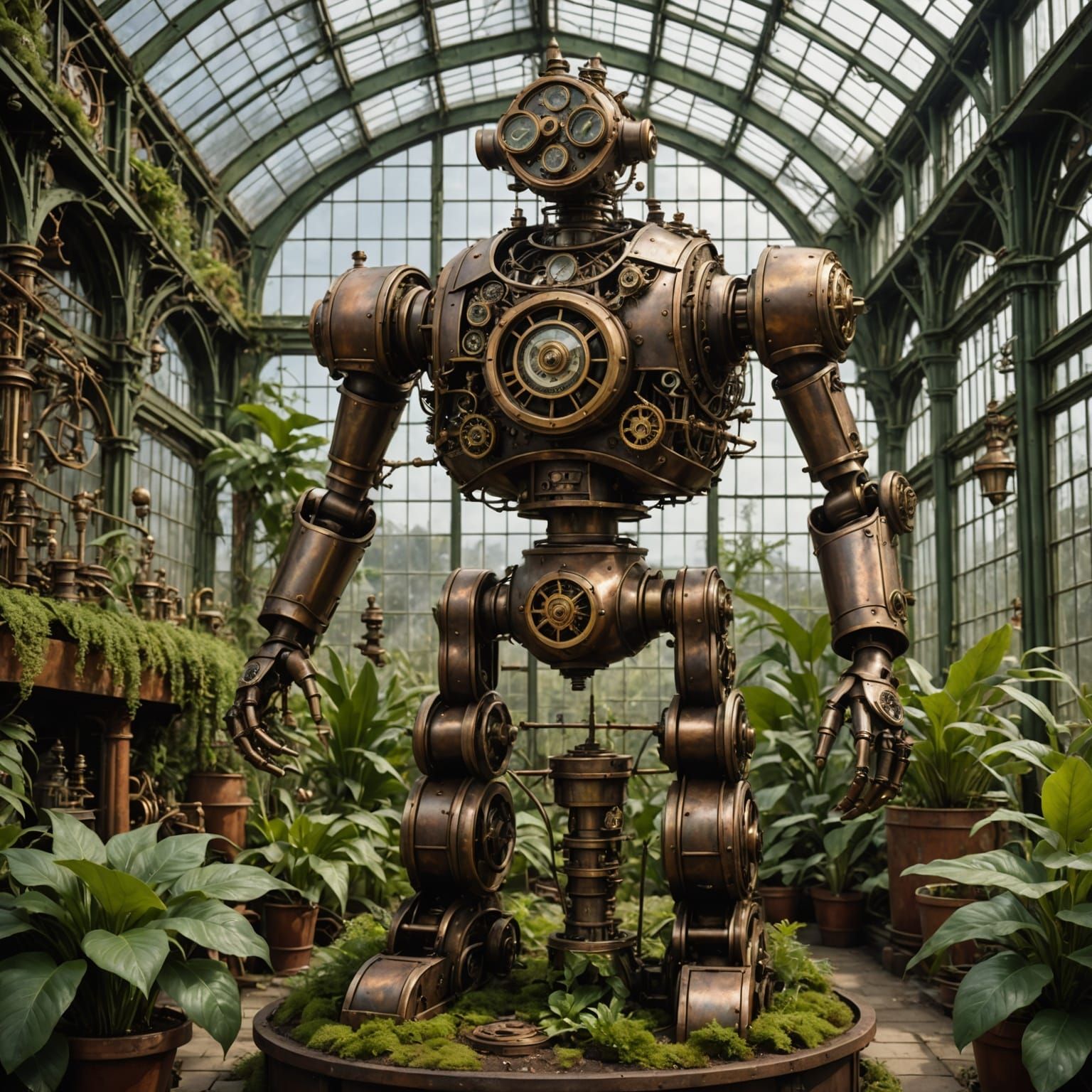Steampunk Automaton in Overgrown Victorian Greenhouse