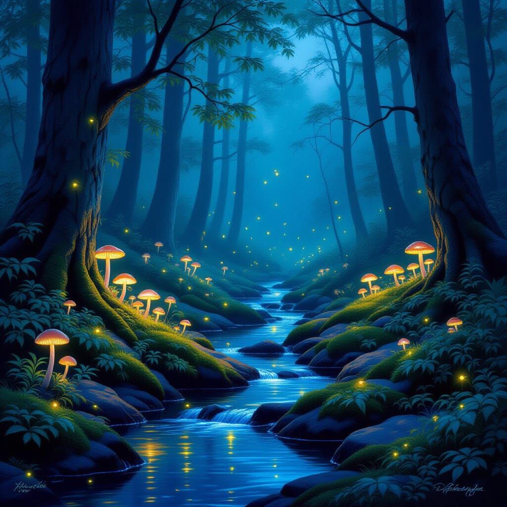 Serene Forest Clearing with Bioluminescent Mushrooms