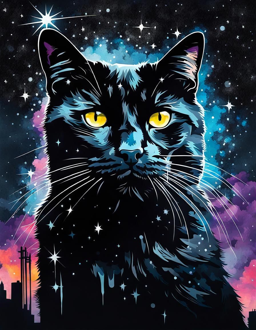 Double Exposure Black Cat Constellation Graffiti Art