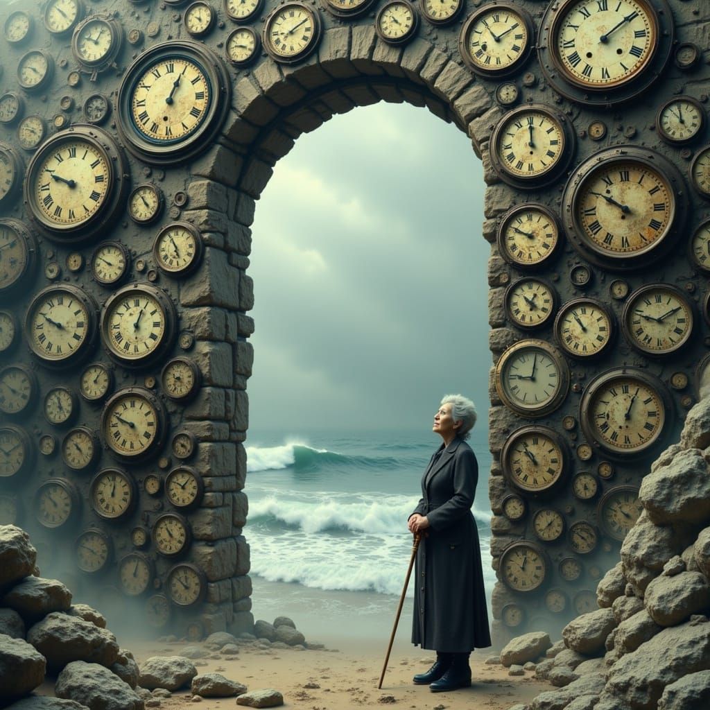 Clocks Embedded in Stone Wall by the Sea