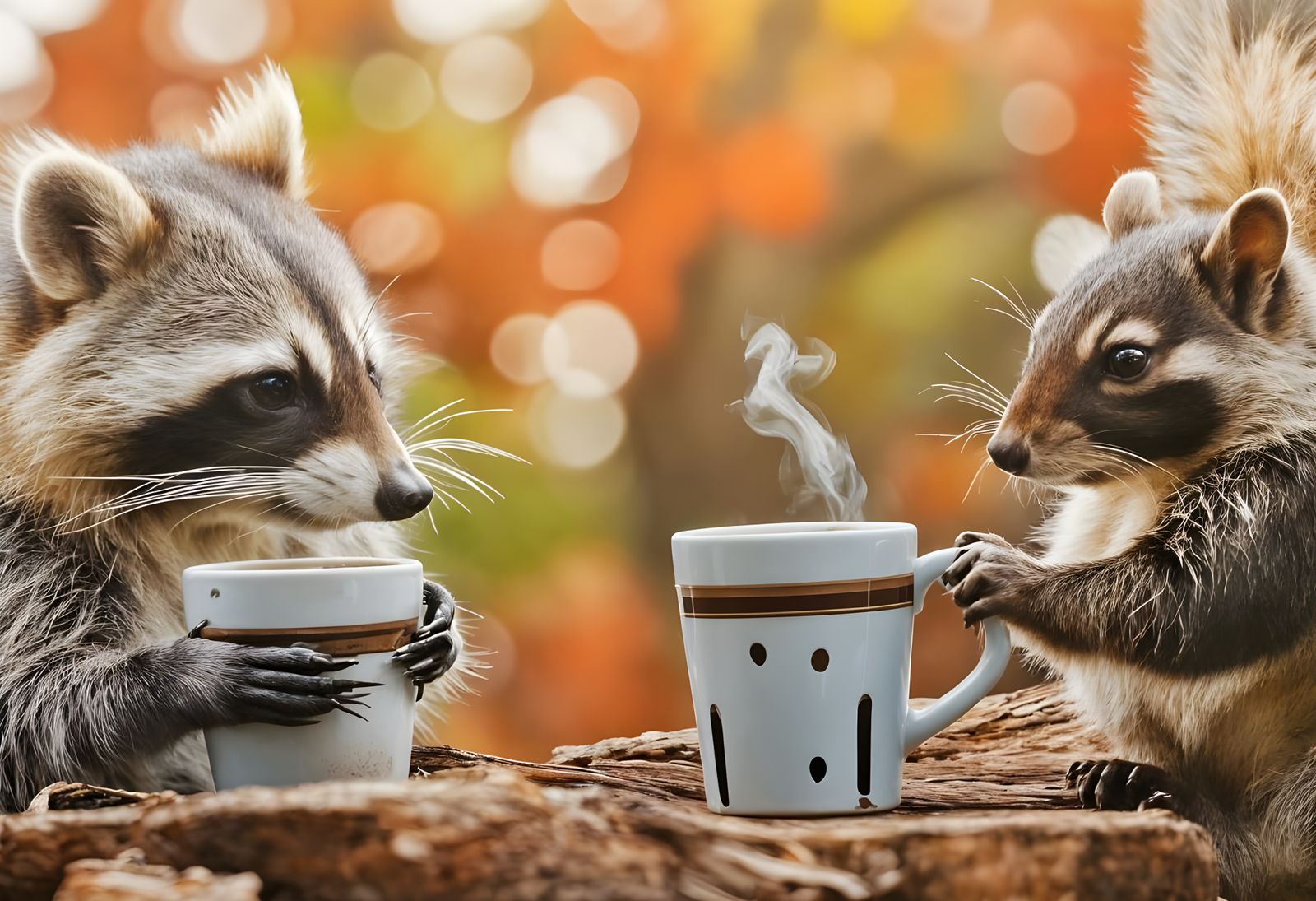 Raccoon and Squirrel sharing coffee together