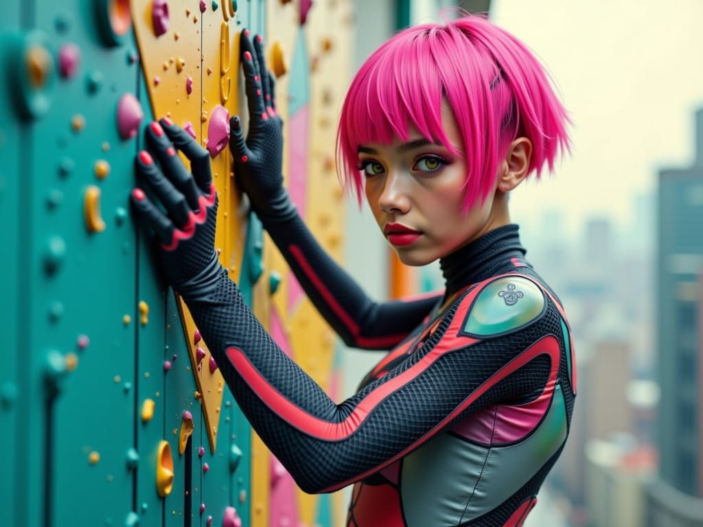 Spider-Gwen Ascends Modern Climb Center in Vibrant Techwear