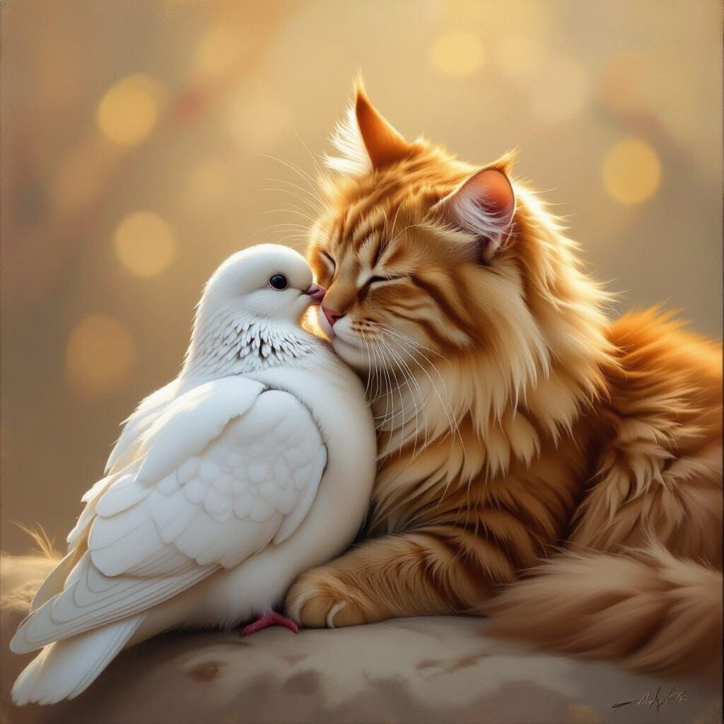 Affectionate Cat and Dove Embrace in Oil Painting