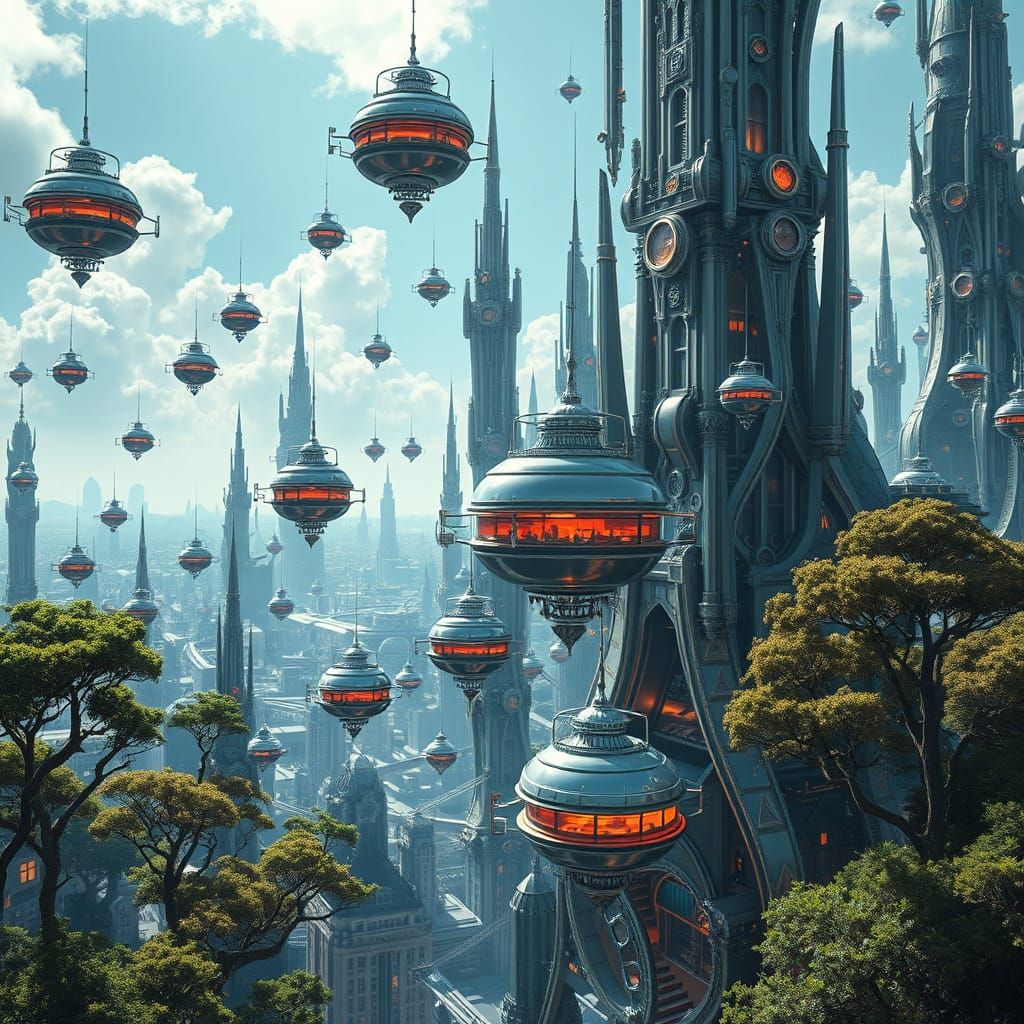 Surreal Chromepunk Cityscape with Fractal Trees and Gondolas