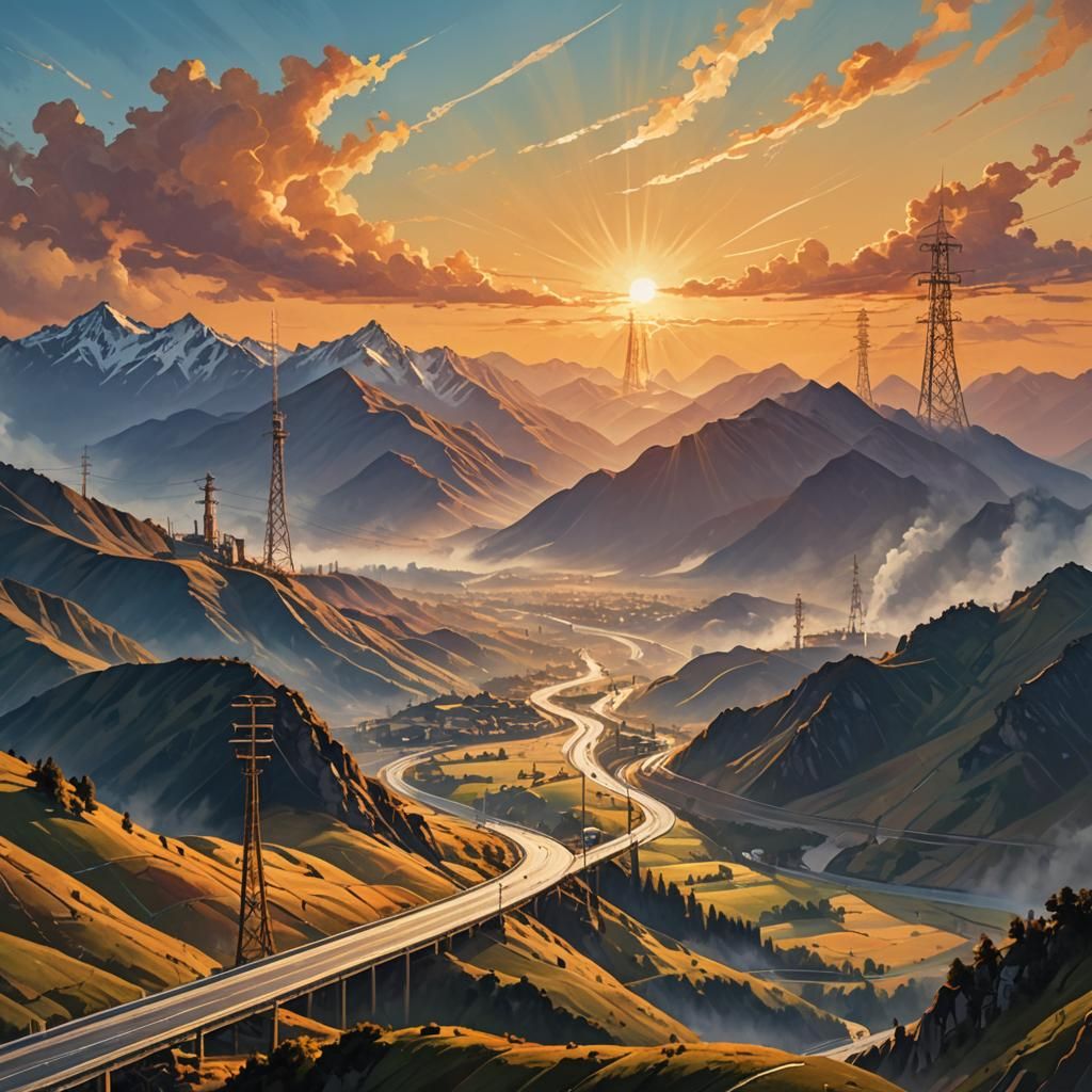 Picturesque Highway Through Majestic Mountain Range: Oil Pai...