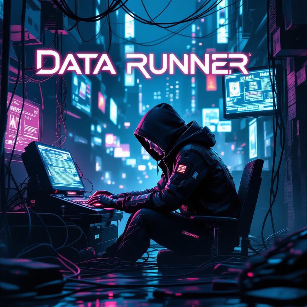 Cyberpunk Hacker in Neon-Lit Data Center, Game Cover Art