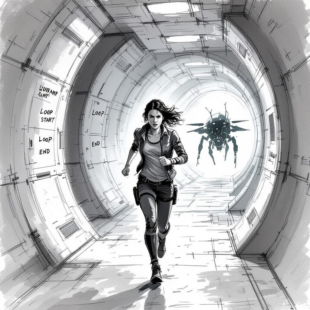 Diana in Looping Corridor: Ink-and-Wash Illustration
