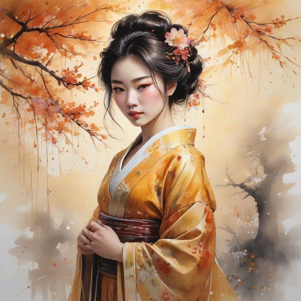 Dynamic Blossom Tree Geisha in Expressive Watercolor Style