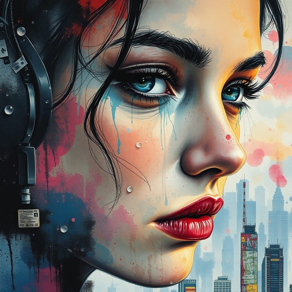 Expressive Portrait with Ink Splatters in Pastel Colors