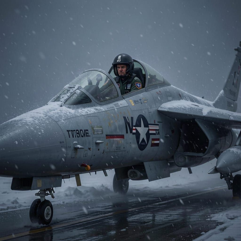 Maverick Boards Fighter Jet in Snowy Fog