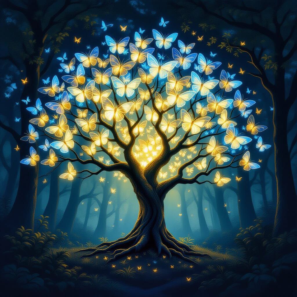 Ancient Tree with Moth Leaves Radiates Golden Light