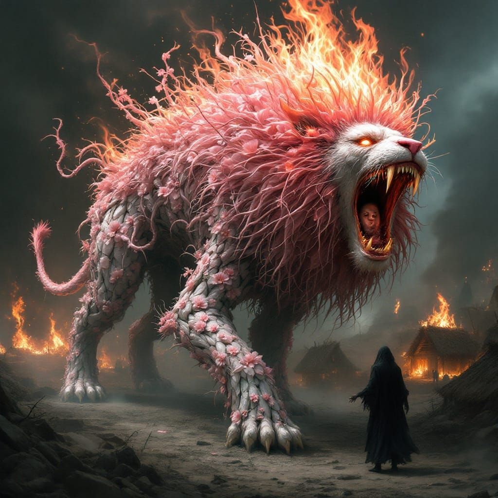 Twisted, Ethereal Lion Devours Soul in Dark, Gothic Landscap...