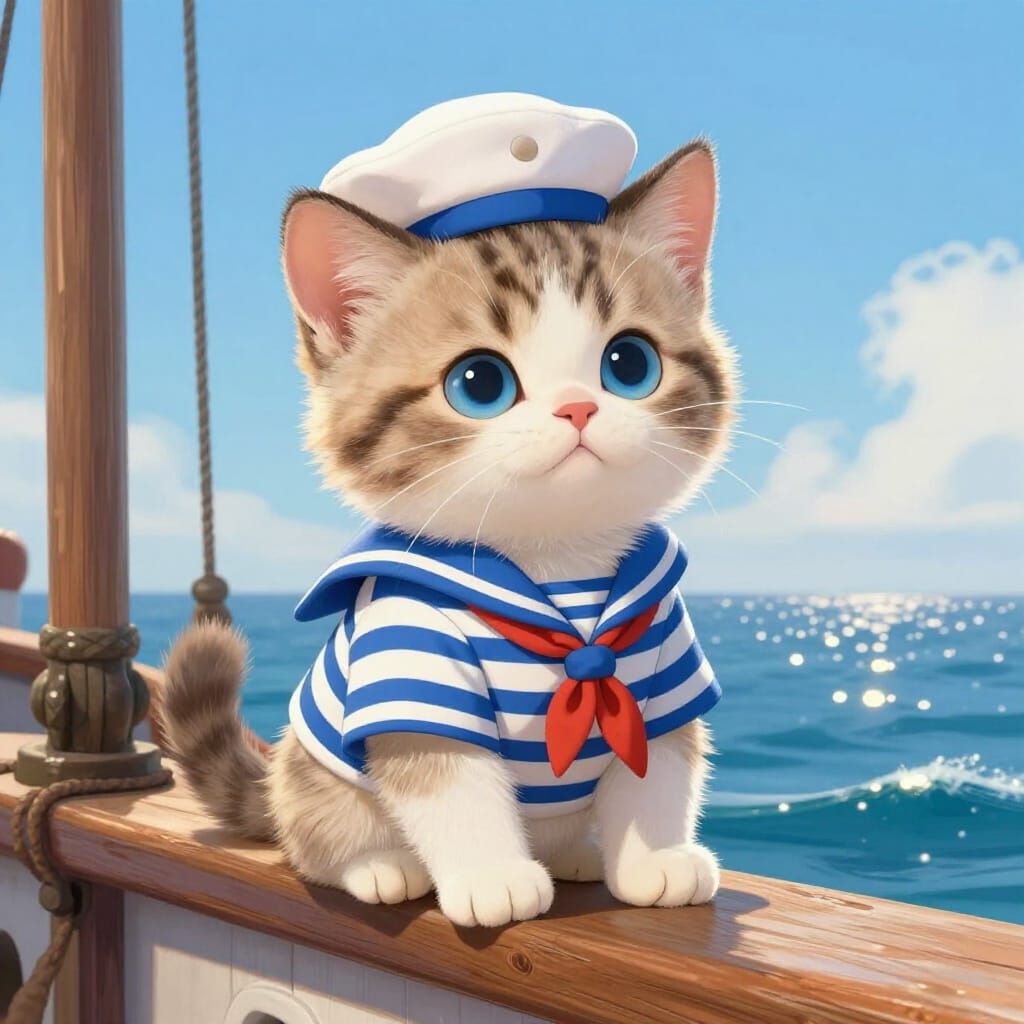 Fluffy Kitten Sailor on Ship Rail