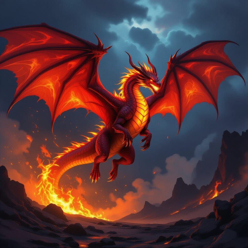 Colossal Red Dragon Made of Roaring Flames in Flight