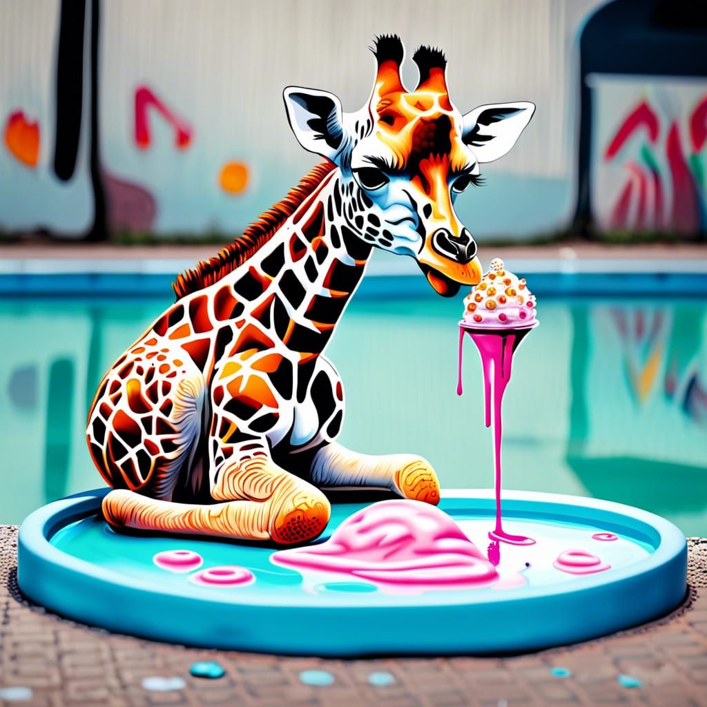 Baby Giraffe Eating Ice Cream: Graffiti Art