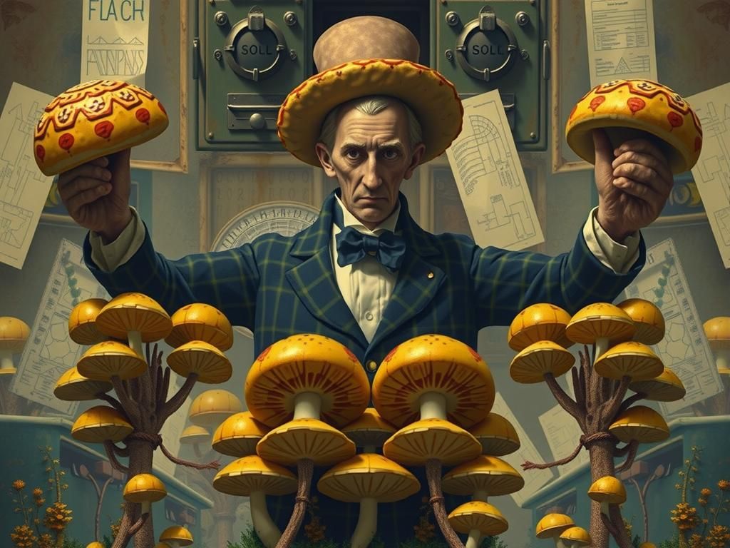 Porcelain Bureaucrats Counting Mushrooms in Whimsical Forest