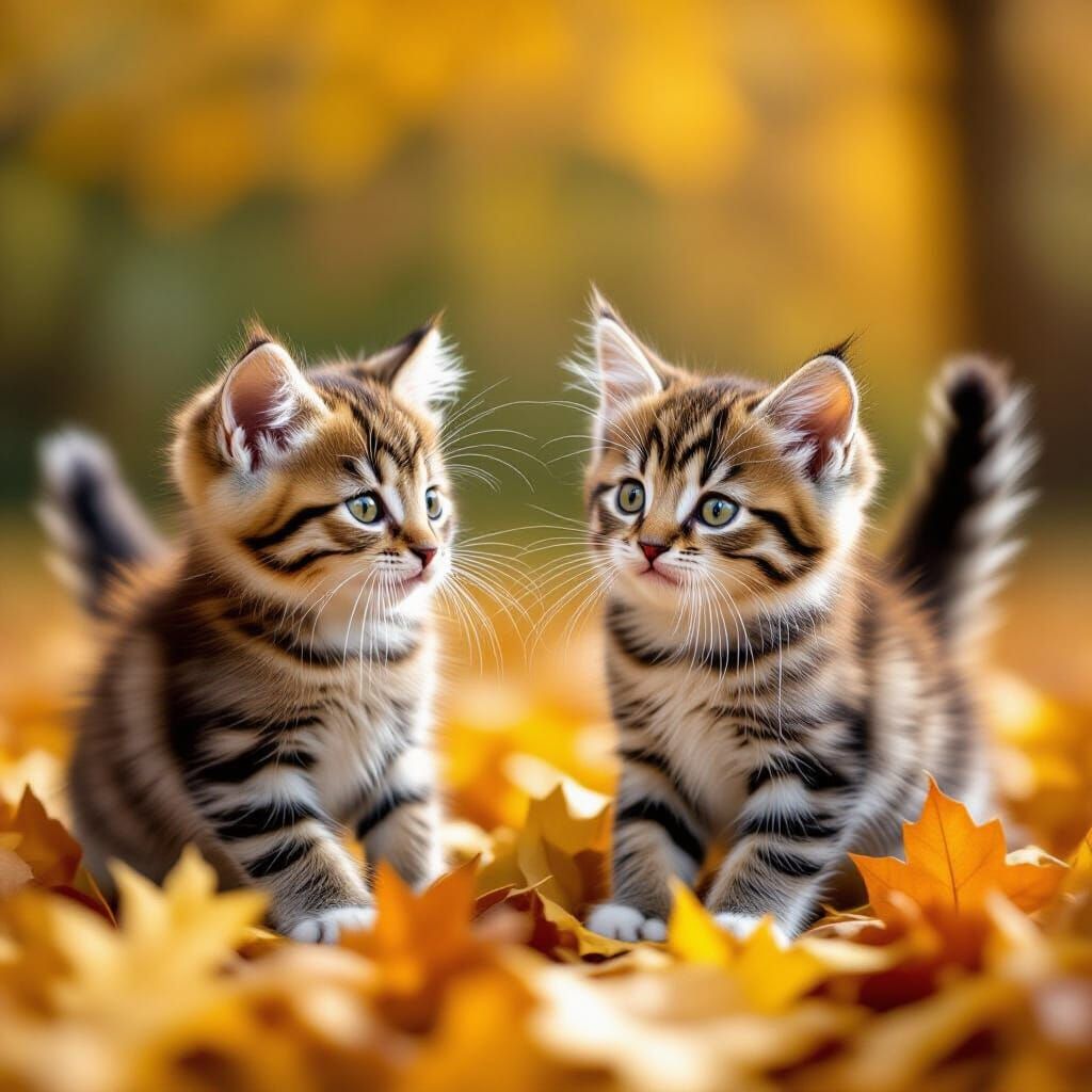 Two Cute Kittens Play in Autumn Leaves