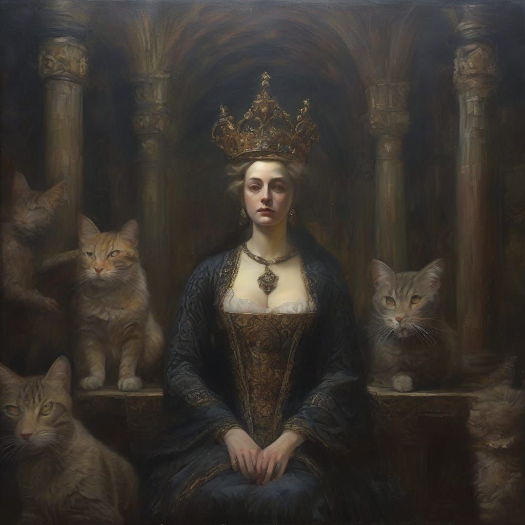 Regal Queen With Cats In Dimly Lit Gothic Chamber