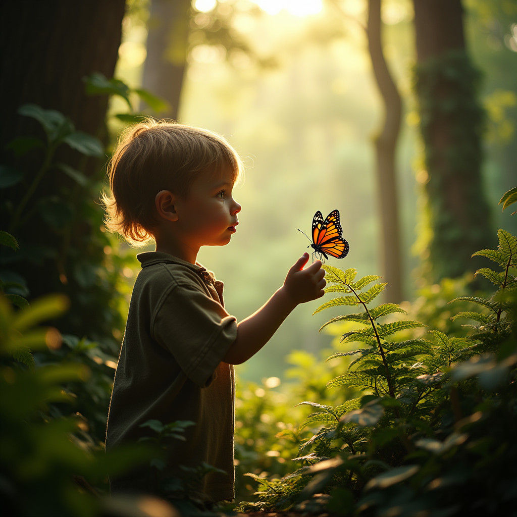 Boy Reaches for Butterfly in Sun-Dappled Forest
