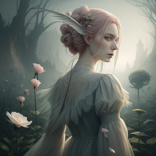 Surrealist Garden Scene with Delicate Porcelain Figures