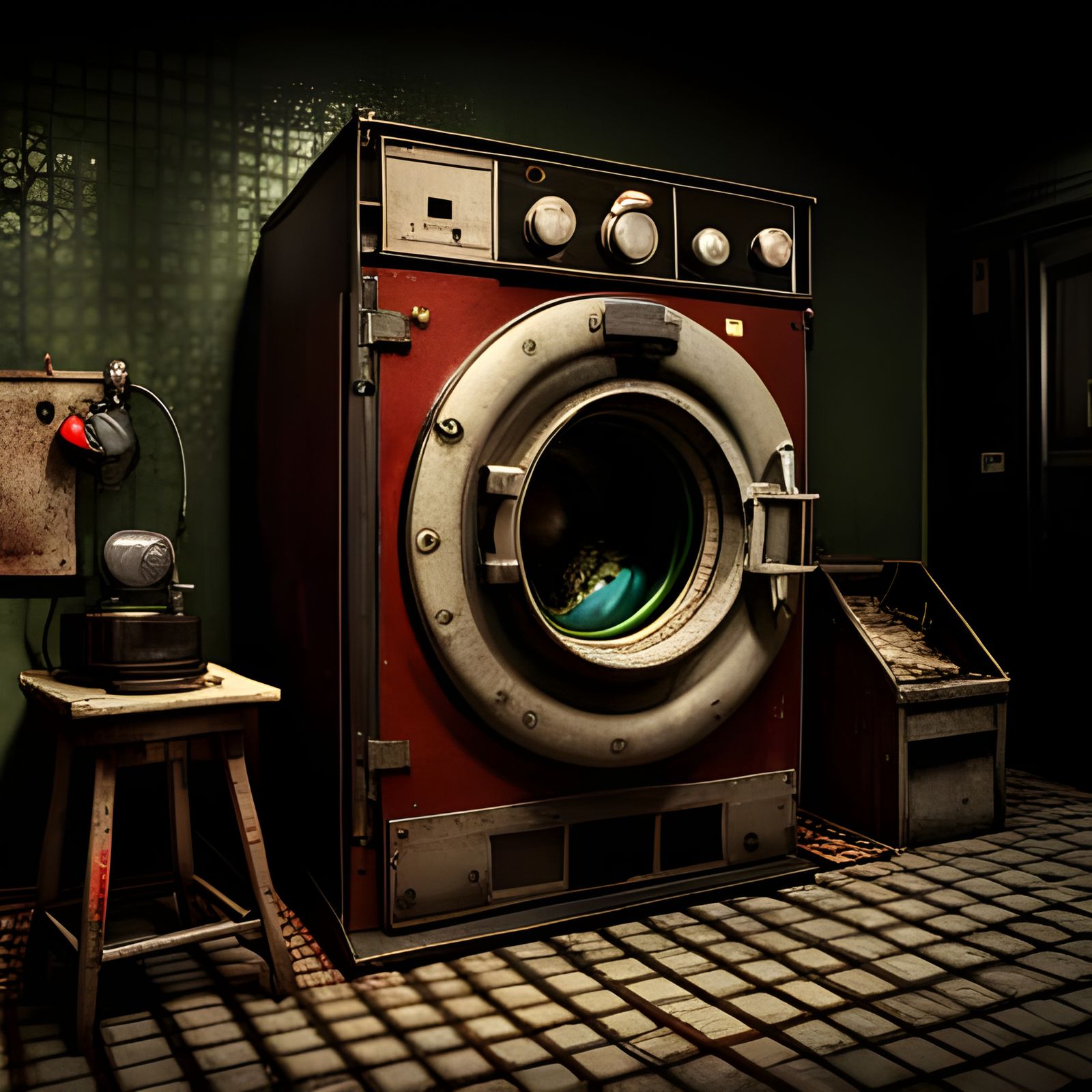 Haunted Washing Machine in Dark Basement: Horrorcore Render