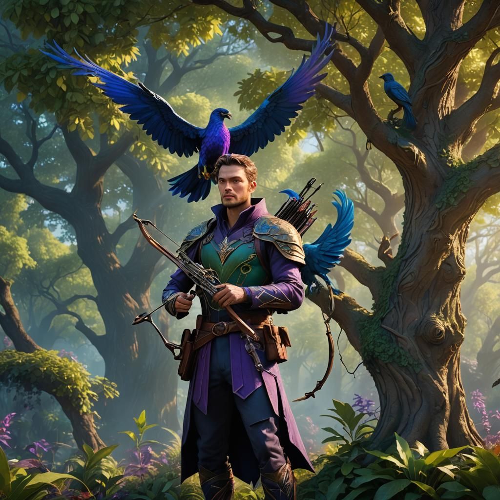 Winged Man with Phoenix in Detailed Matte Painting