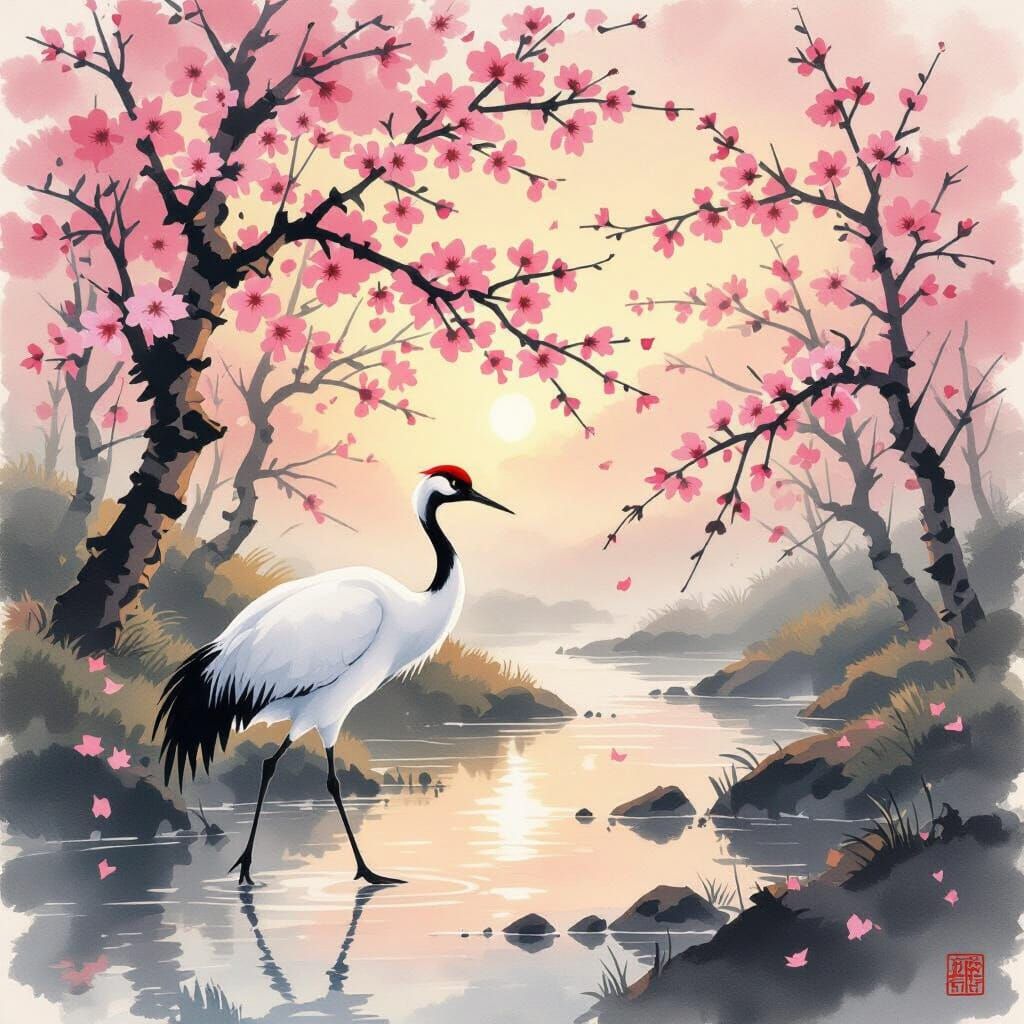 Red-Crowned Crane in Cherry Blossom Grove at Dawn