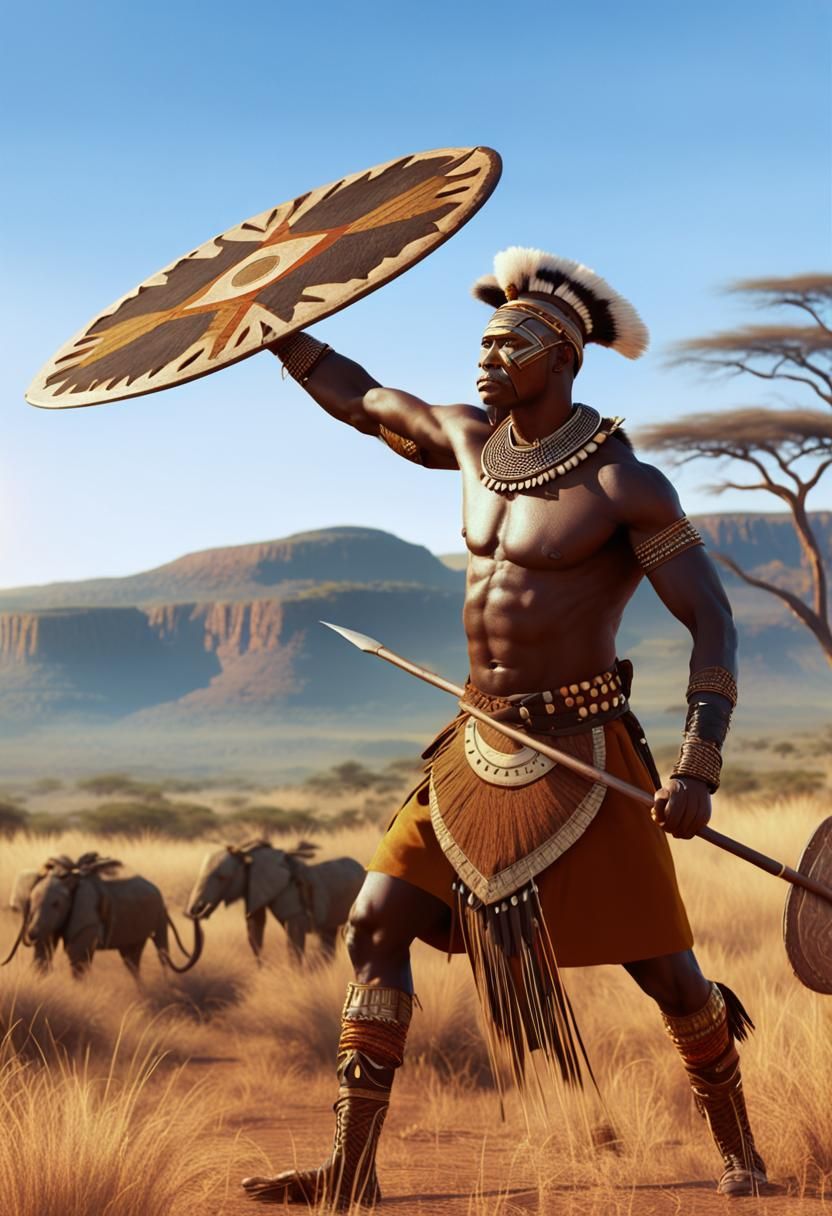 Zulu Warrior in African Savannah: Photorealistic Digital Art