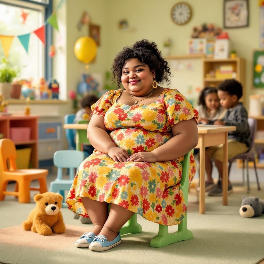 Whimsical Woman on Tiny Chair, Children's Book Style