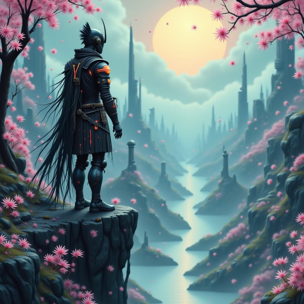 <lora:Fantasy 7:1.0> A lone samurai warrior, his armor intricately fused with glowing cybernetic enhancements, stands on...