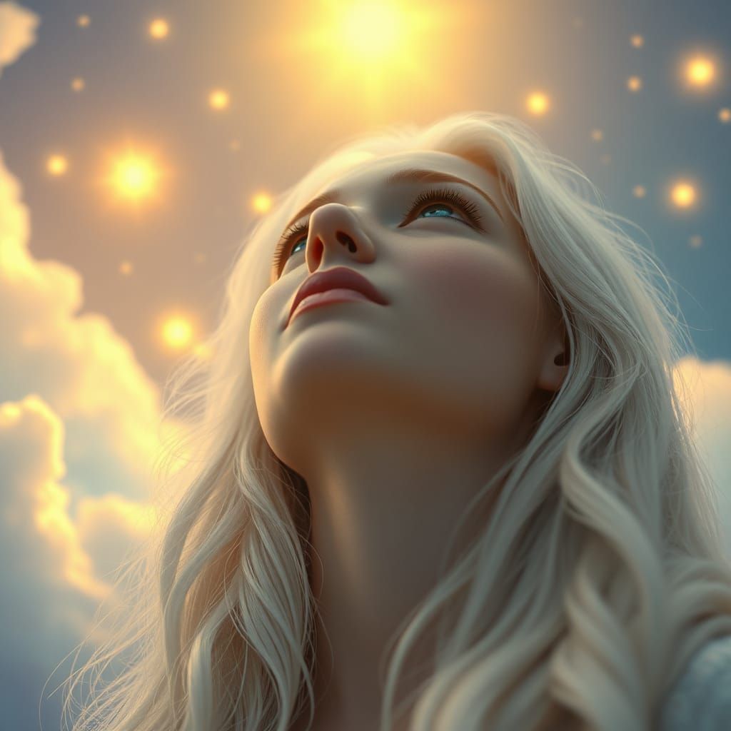 Ethereal Woman Praying in a Dreamy Celestial Landscape