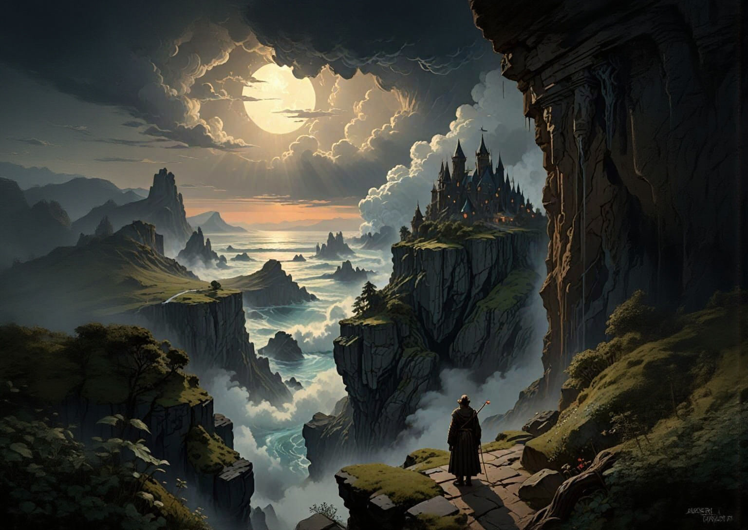 Figure on Cliff Edge Overlooking Cloud Vortex