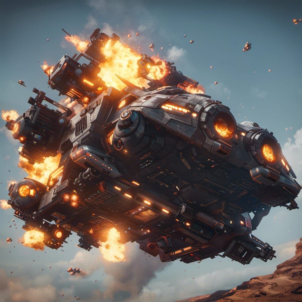 Burning Spaceship Dropship in 3D Cinematic Style