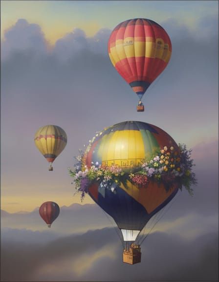 Ethereal Watercolour Hot Air Balloon Adorned with Flowers