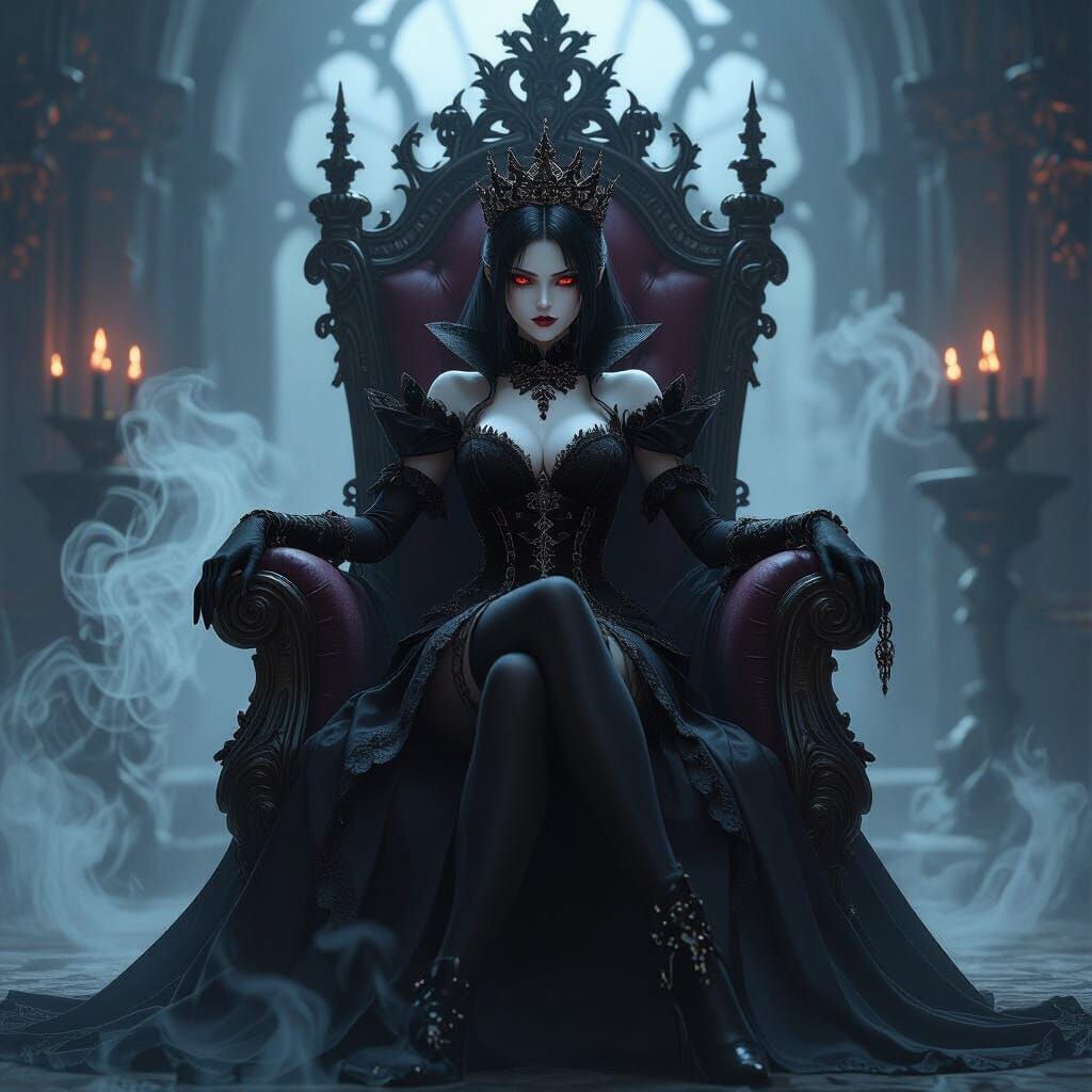 Vampiric Queen on Gothic Throne in 3D Anime Style