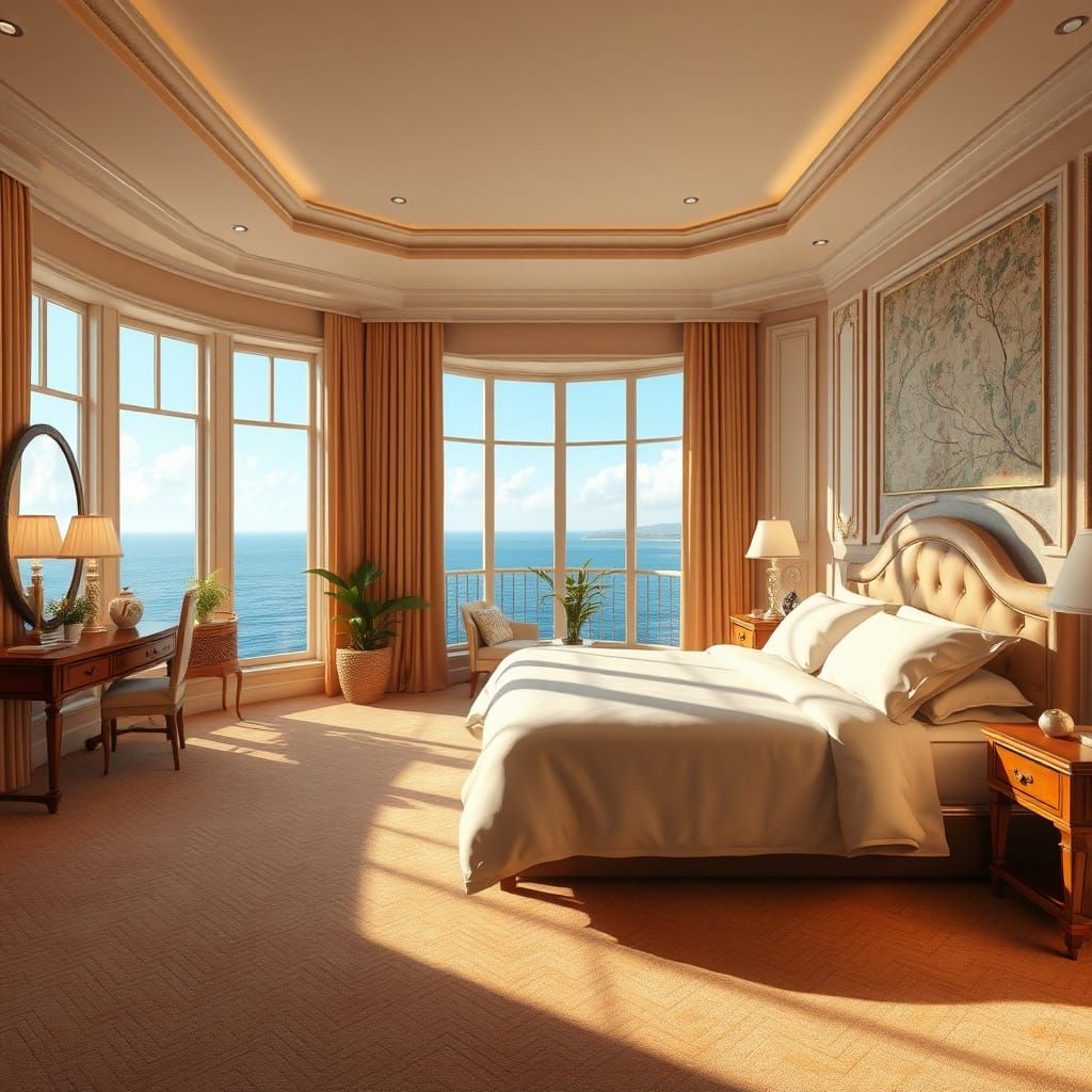 Luxurious Seaside Bedroom with Dramatic 3D Lighting