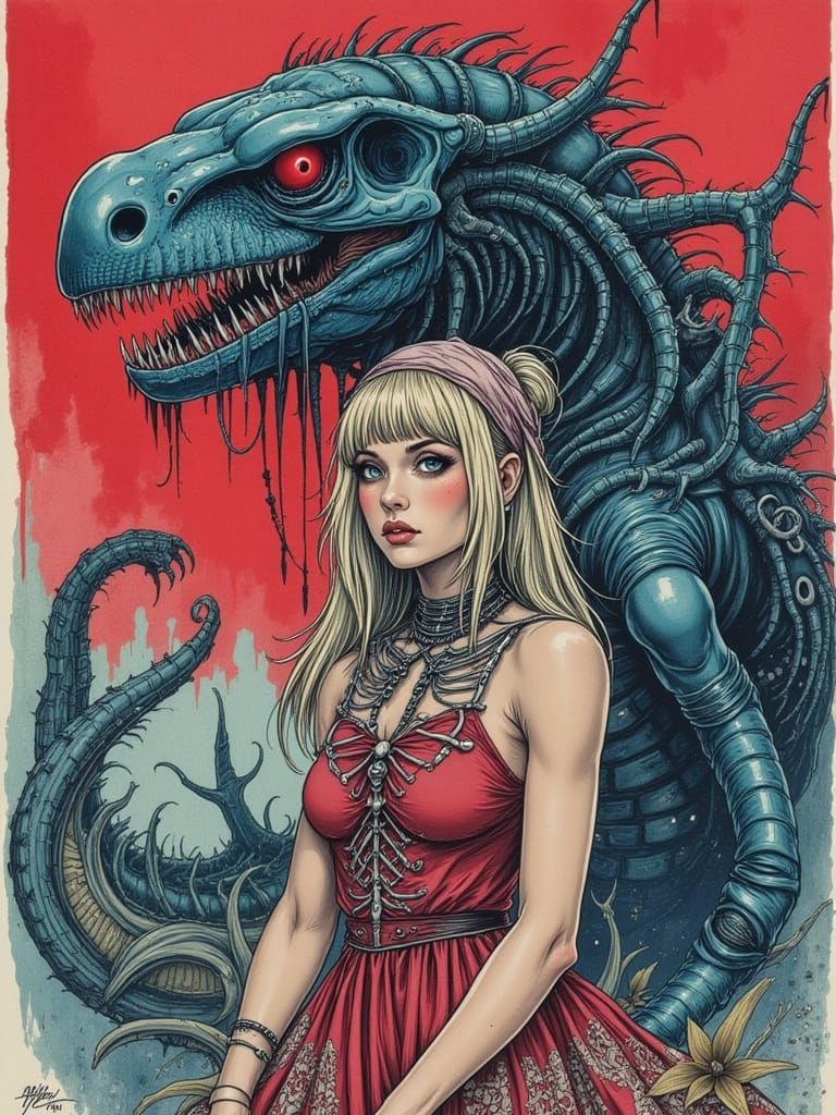 Watercolor Woman and Smilodon-Hydra Hybrid