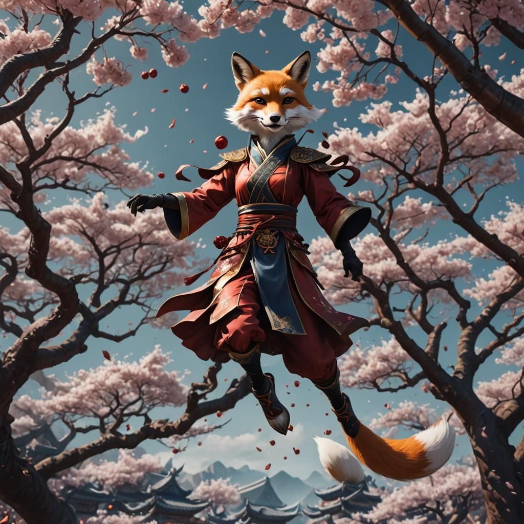 Fantasy Fox-Girl Levitates Above Cherry Trees