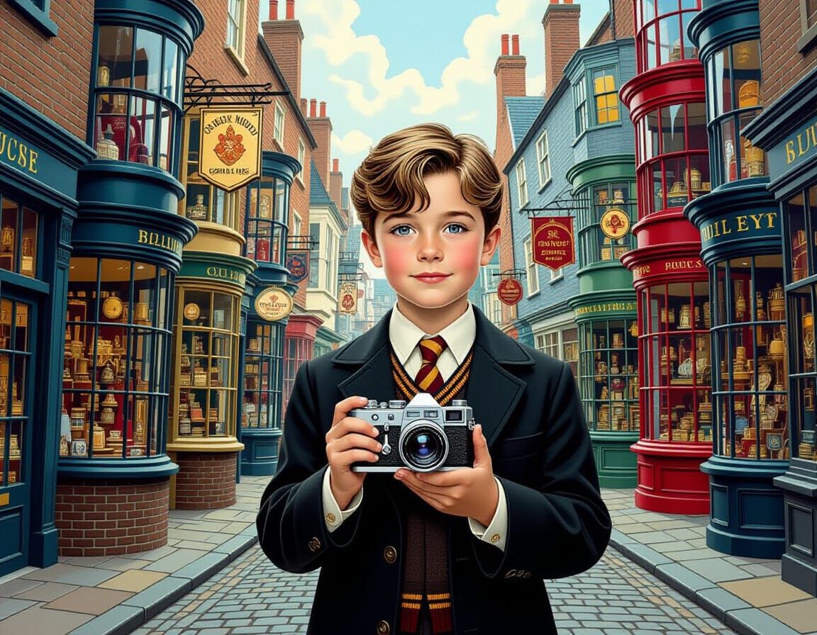 Boy with Camera in Diagon Alley, Nostalgic Digital Art