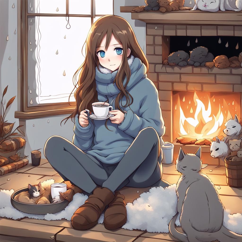 Girl Sipping Coffee in Anime Style